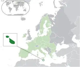 Location of &nbsp;Malta&nbsp;&nbsp;(Green circle)–&nbsp;on the European continent&nbsp;&nbsp;(light green &&nbsp;dark grey)–&nbsp;in the European Union&nbsp;&nbsp;(light green)&nbsp; —&nbsp; [Legend]