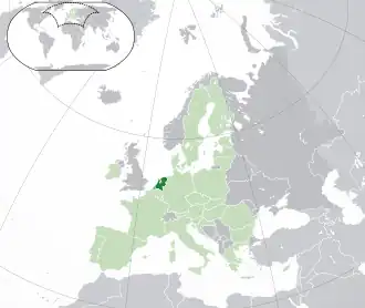 Location of the European part of the Netherlands (dark green)– on the European continent (green & dark grey)– in the European Union (green)