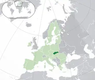 Location of &nbsp;Slovakia&nbsp;&nbsp;(dark green)–&nbsp;on the European continent&nbsp;&nbsp;(green &&nbsp;dark grey)–&nbsp;in the European Union&nbsp;&nbsp;(green)&nbsp; —&nbsp; [Legend]