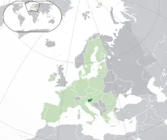 Location of &nbsp;Slovenia&nbsp;&nbsp;(dark green)–&nbsp;on the European continent&nbsp;&nbsp;(green &&nbsp;dark grey)–&nbsp;in the European Union&nbsp;&nbsp;(green)