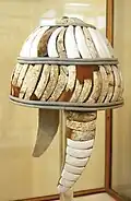 Boar's tusk helmet in the Heraklion Archaeological Museum.