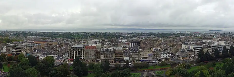 Edinburgh's New Town, viewed from Edinburgh Castle. Princes Street and the Princes Street Gardens are visible in the foreground.