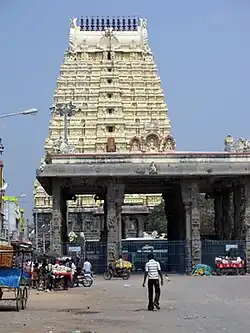 temple tower with a lake in the foreground