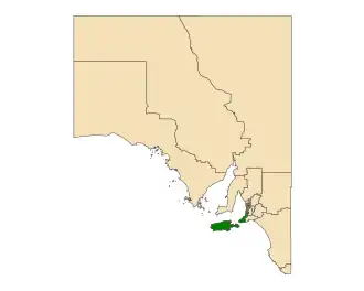 Map of South Australia with electoral district of Mawson highlighted (including Kangaroo Island)