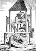 A treadmill uses the force of a working animal to turn the stone grinding surfaces