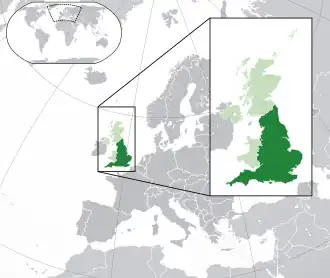 Location of &nbsp;England&nbsp;&nbsp;(dark green)–&nbsp;on the European continent&nbsp;&nbsp;(green &&nbsp;dark grey)–&nbsp;in the United Kingdom&nbsp;&nbsp;(green)