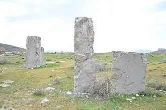 Photograph of three columns of different sizes at Istakhr