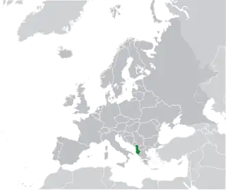 Location of &nbsp;Albania&nbsp;&nbsp;(green)on the European continent&nbsp;&nbsp;(dark grey)&nbsp; —&nbsp; [Legend]