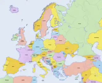 Map of Europe that shows where Bosnia-Herzegovina is (colored blue; to the right of Italy)