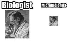 Biologist: a photo of a biologist. Microbiologist: the same photo, but shrank down to around ⅑ the size of the first.