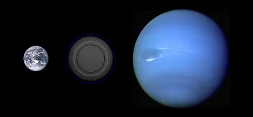 Size comparison of the planet, with Neptune (right) and Earth (left) as refrences.