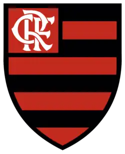 An escutcheon with horizontal red and black stripes, with a monogram of the letters CRF in its upper-left part