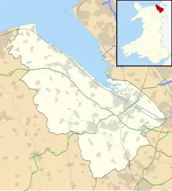 Map of Flintshire, with a red dot showing the location of Mold