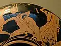Pankration scene: the pankrationiast on the right tries to gouge his opponent's eye; the umpire is about to strike him for this foul. Detail from an Attic red-figure kylix in the British Museum, 490-480 BC. From Vulci, Italy.