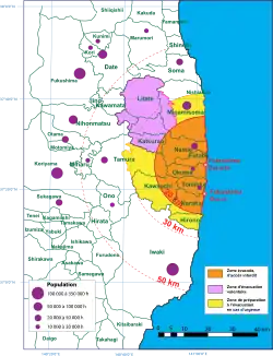 As of April 22, 2011: Orange = Restricted area within a 20 km radius Yellow = “Area prepared for evacuation” Pink = “Deliberate evacuation area”