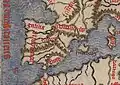 Iberian Peninsula on Pirrus de Noha's world map. It divides the peninsula between Galicia, Portugal, Spain and Granada.