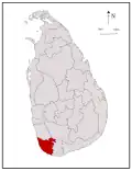 Area map of Galle District, converging inwards from the south west coast, in the Southern Province of Sri Lanka