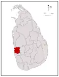 Area map of Gampaha District, extending inwards from the west by south west coast in a rough square shape, in the Western Province of Sri Lanka