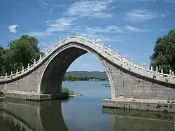 A masonry Chinese moon bridge showing the buttressing approach ramps that take the horizontal thrust of the arch