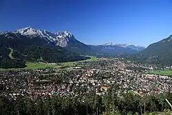 Garmisch-Partenkirchen with Alpspitze and Zugspitze in September 2009