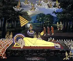 Khmer traditional mural painting depicts Gautama Buddha entering nirvana, Dharma assembly pavilion, Wat Botum Wattey Reacheveraram, Phnom Penh, Cambodia.