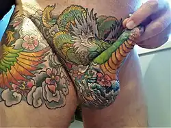 Penis, scrotum and pubic region covered with a dragon tattoo