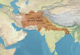 Map of Ghurid territory, before the assassination of Muhammad of Ghor.
