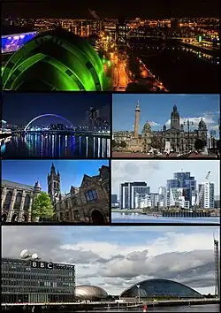Clockwise from top-left: A view of Glasgow at night overlooking the city centre and River Clyde: Clyde Arc bridge crossing the River Clyde: George Square with Glasgow City Chambers in the background: The main building of the University of Glasgow: Skyline of Glasgow Harbour: Pacific Quay area, home of BBC Scotland and the Glasgow Science Centre