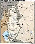 Map of the Golan Heights. Sites on the map in blue are Israeli settlements; and sites in black are Syrian villages.