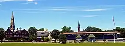 The churches of downtown Goshen seen from the horse racing track