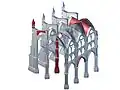 This picture with parts cut away shows the columns, the stone ribs of the roof and the buttresses of a Gothic church.