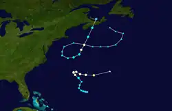 Map of the western Atlantic Ocean depicting two storm tracks