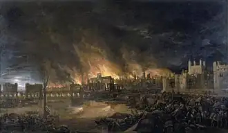 With the dark sky, some buildings are burning.