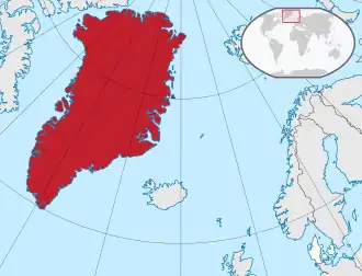 Location of &nbsp;Greenland&nbsp;&nbsp;(red)in the Kingdom of Denmark&nbsp;&nbsp;(red and beige)