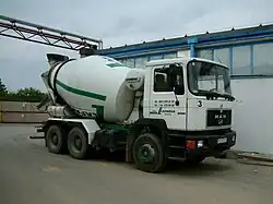 A concrete mixer truck