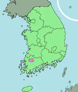 Map of South Korea with Gwangju highlighted