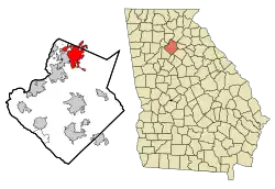 Location of Buford in Gwinnett County, Georgia (left) and of Gwinnett County in Georgia (right)