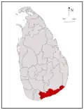 Area map of Hambantota District, lying along the coast from south to south east, in the Southern Province of Sri Lanka