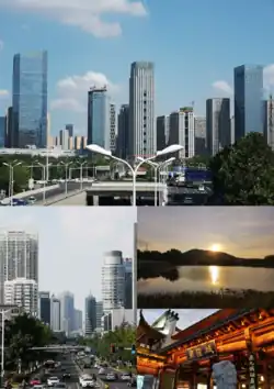 Montage of Hefei. Clockwise from top: Swan Lake Eastbank CBD, Dashushan, City God Temple of Luzhou-Fu and Downtown Hefei.