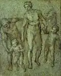'The Holy Family with St John the Baptist', brush and brown wash on panel by Michelangelo