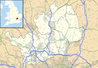Map of Hertfordshire, with a red dot showing the position of Watford