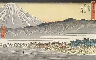 Mt. Fuji seen across a plain by Hiroshige