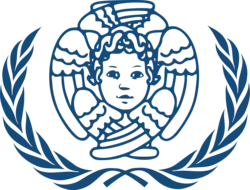 Blue logo with a young cherub (angel)