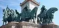 Left side view of some of the statues of the Seven chieftains of the Magyars