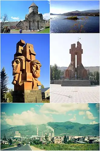 From top left:
Makravank Monastery&nbsp;• Hrazdan reservoirWorld War II memorial&nbsp;• Artsakh War memorial Hrazdan skyline
