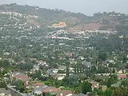 The view of Hacienda Heights, with Hsi Lai Temple and Puente Hills in the background