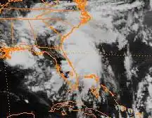 Satellite image of hurricane near the United States. Florida is depicted at the center of the image.