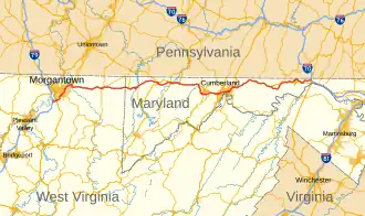Map of a road that stretches across northern West Virginia and northwestern Maryland.
