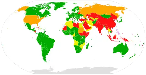 Some countries (red on this map) have not agreed to be part of the ICC.  This makes it harder for the ICC to punish war crimes in those countries