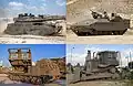 IDF's current (2017) armored fighting vehicles, clockwise: IDF Namer, IDF Caterpillar D9, M270 MLRS and Merkava Mk 4M